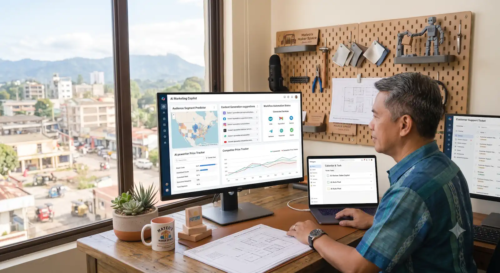 Small business owner using artificial intelligence tools to improve productivity in a home office.