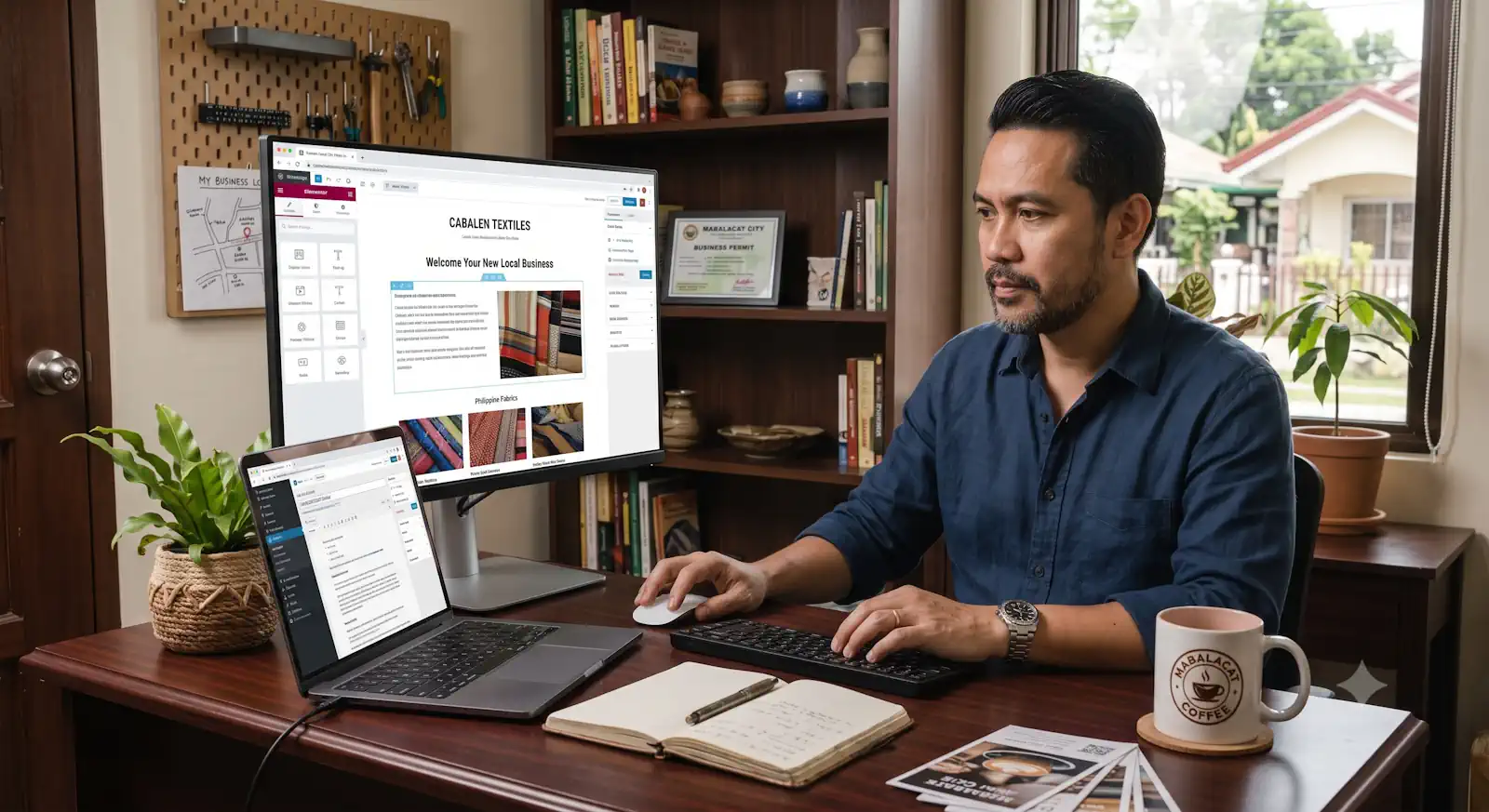 Small business owner creating a professional website from a home office.