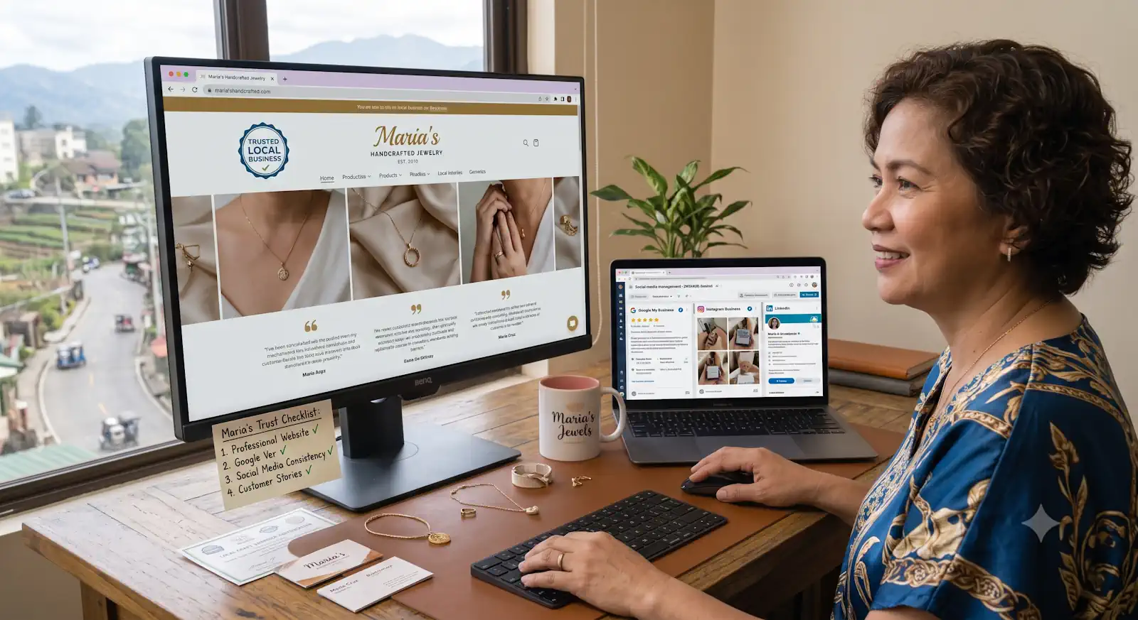 Small business owner building trust with customers through a professional online presence.