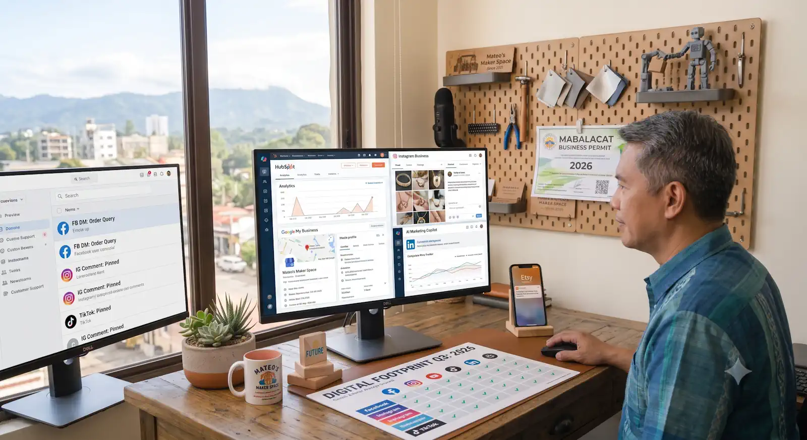 Small business owner managing a professional online presence across multiple digital platforms.