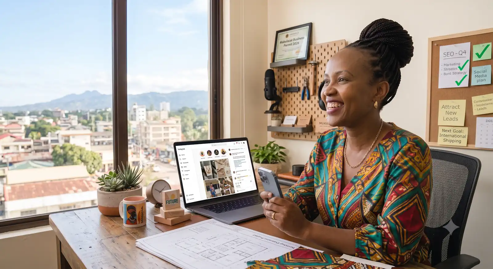 Home business owner looking confidently towards the future while working from a bright home office.