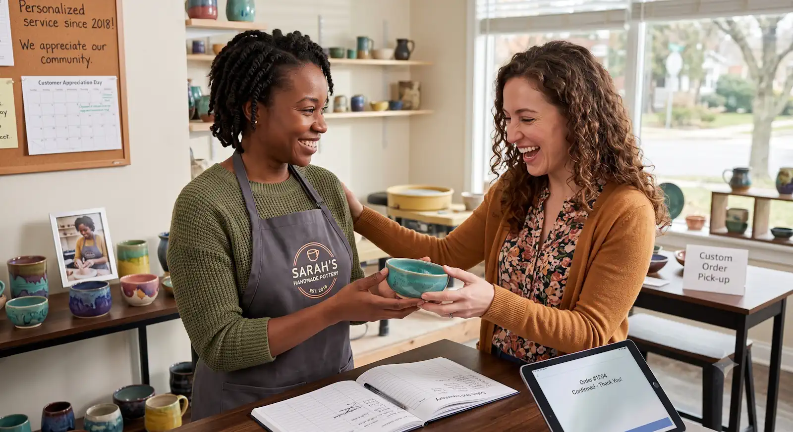 Small business owner providing excellent customer service to a happy customer.