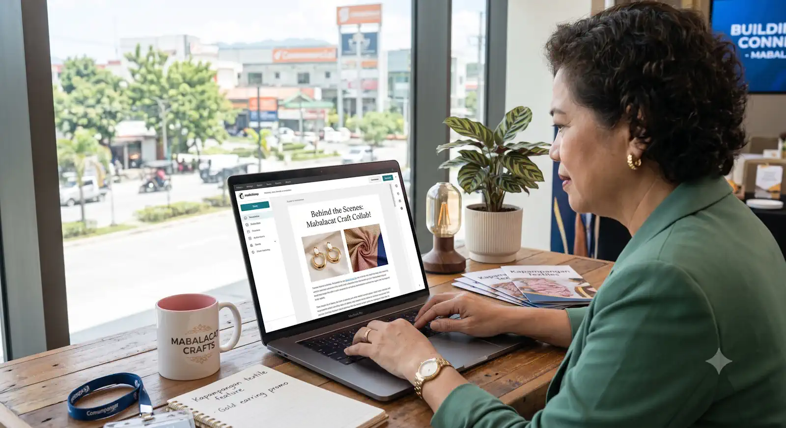 Small business owner creating an email newsletter on a laptop.