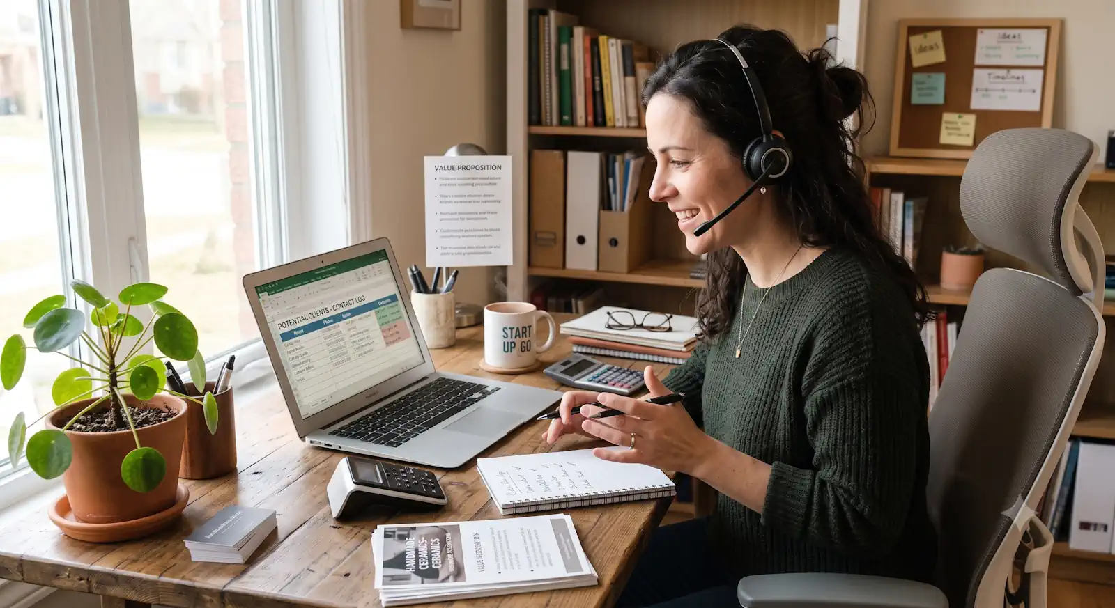 Small business owner making sales calls and reaching out to potential customers from a home office.